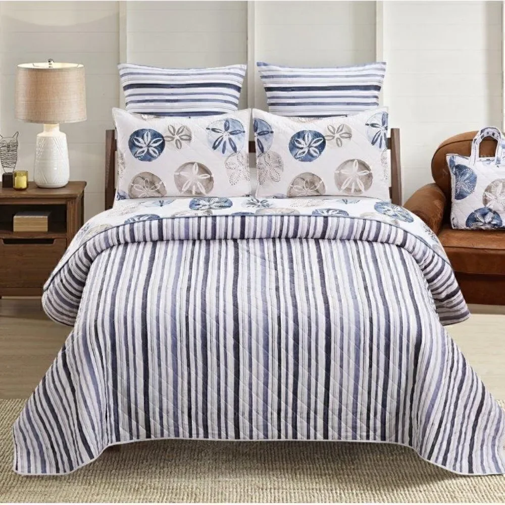 NEW! Beach Theme Sand Dollar Boho Printed KING Quilt Set with Matching Tote Bag